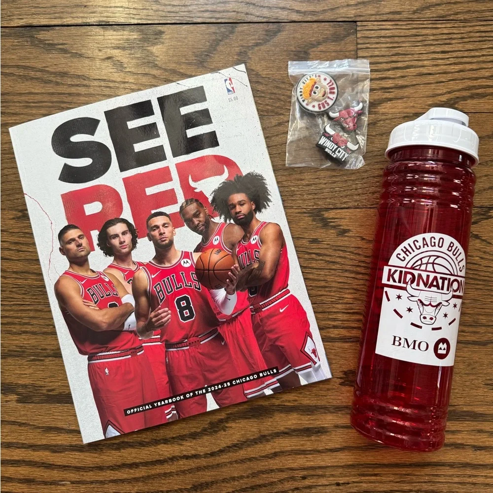 Chicago Bulls Fan Bundle See Red Yearbook, Jibbitz Trio, BMO Water Bottle NWOT